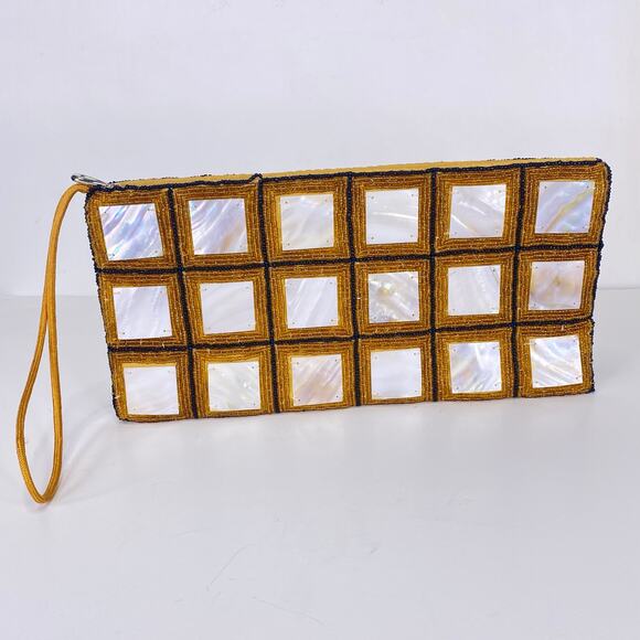 Vtg Y2K Mod By Design Mother of Pearl & Beaded Clutch Art Deco Evening Wristlet - Picture 1 of 8